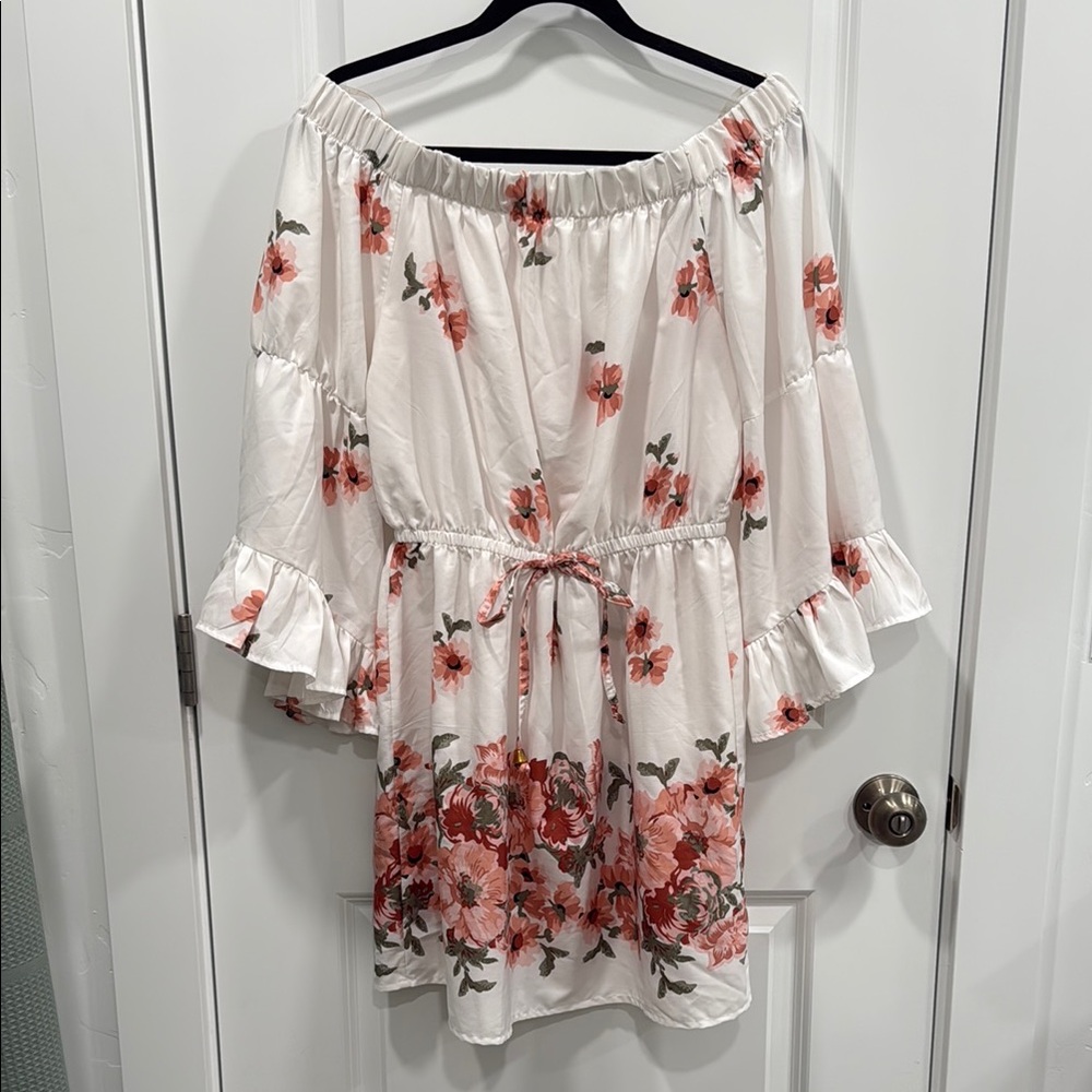 Blush Floral Off-Shoulder Midi Dress - White and Pink